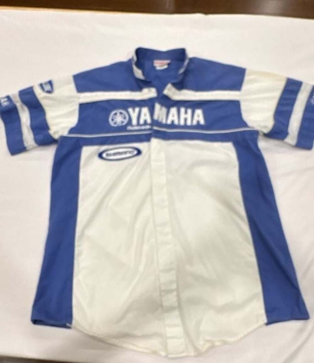 Vintage Yamaha Outboards Racing Pit Shirt Team Gear Button Up Blue and White